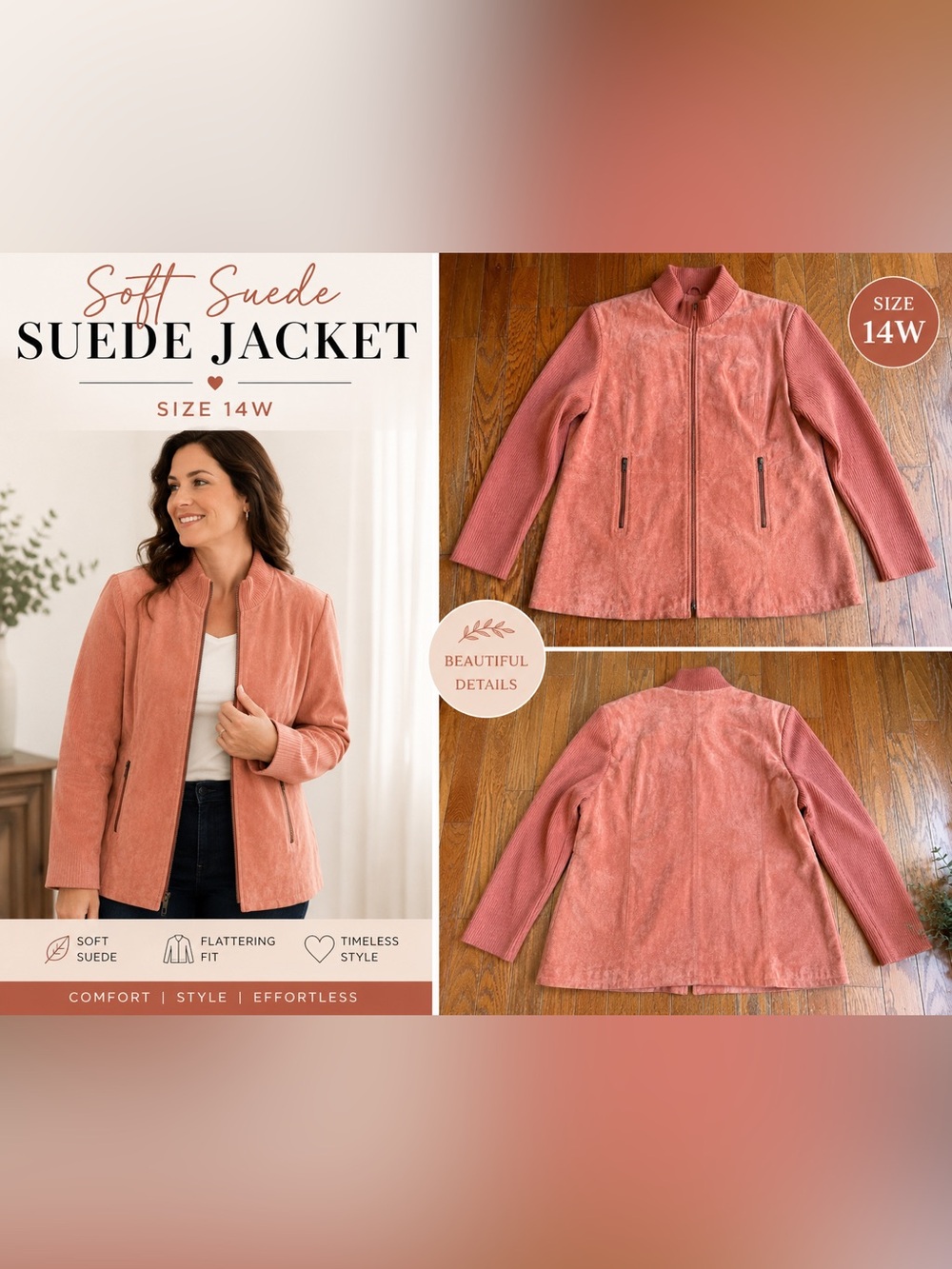 J. Hook Genuine Suede & Knit Zip Jacket Women’s Size 14W Blush Pink/Peach